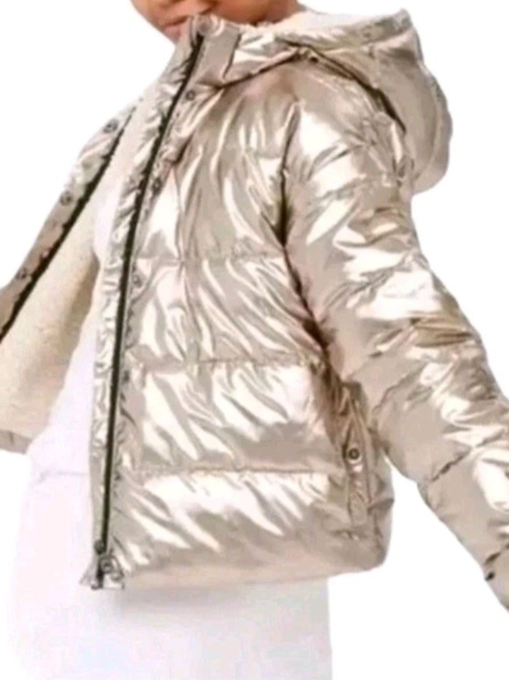 aerie Metallic Hooded Puffer Jacket in Shimmering Silver XS